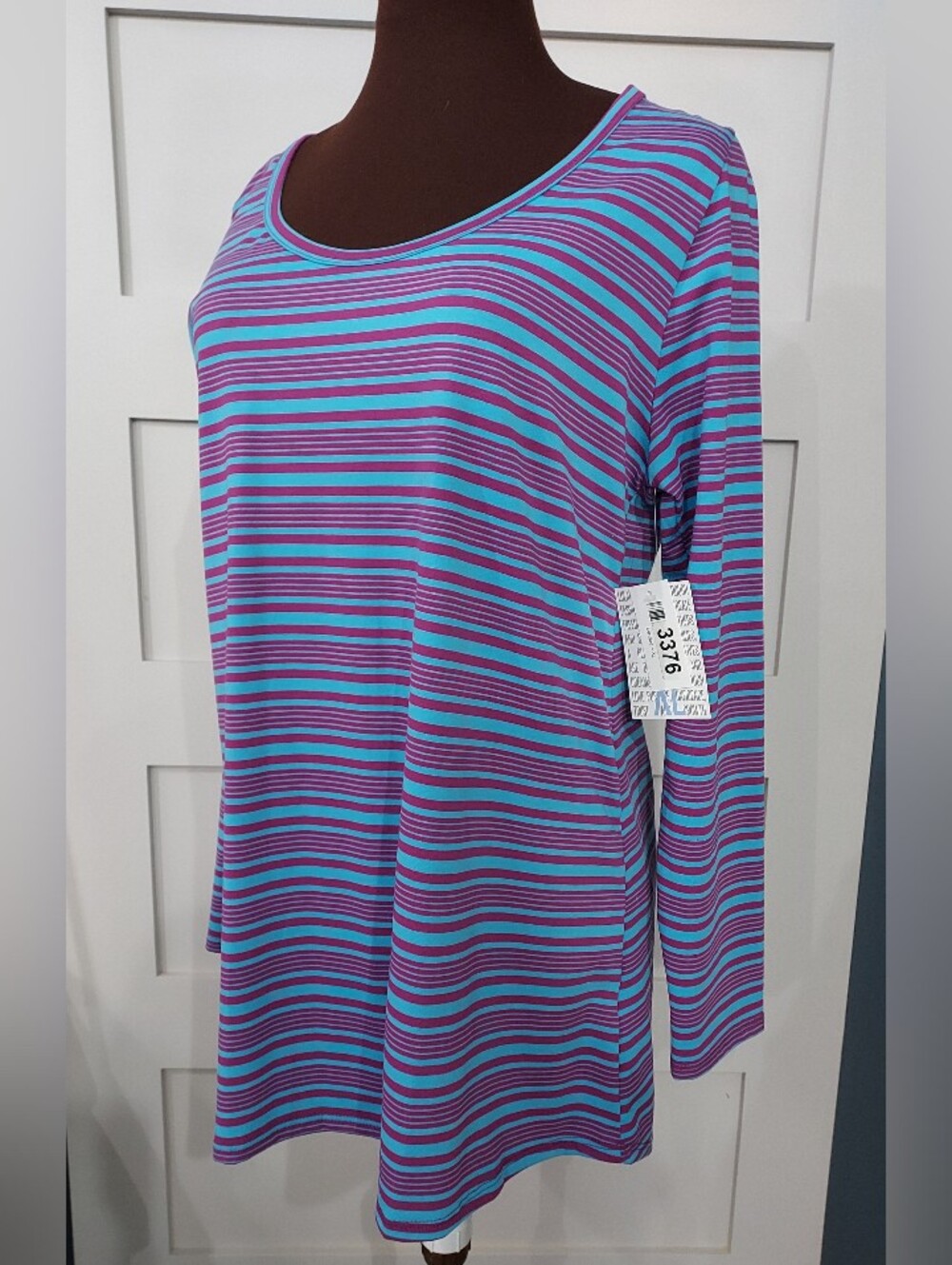BNWT LULAROE LYNNEA Striped Long-Sleeve Scoop Neck Top in Purple & Teal SIZE XL